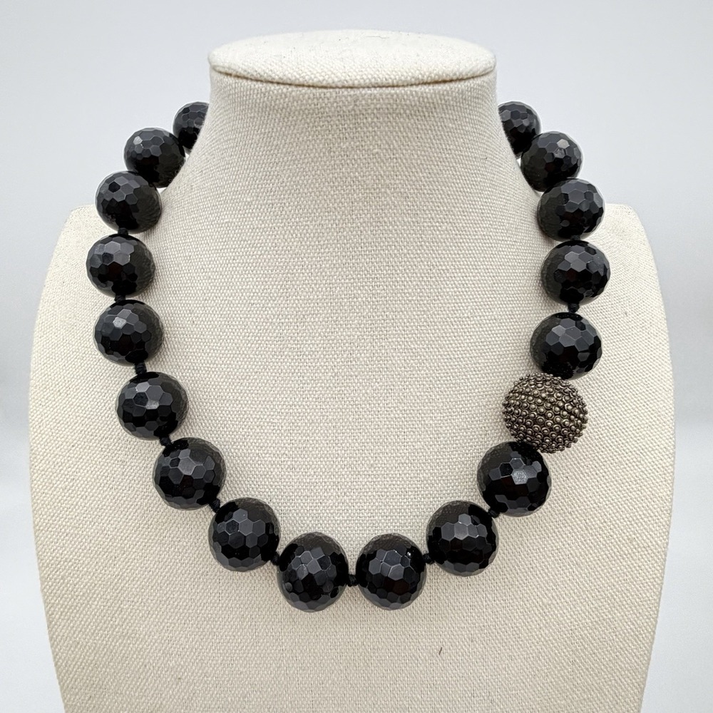 Vtg TH Sterling Silver Black‎ Large Faceted Onyx Chunky Necklace W/ Caviar Bead